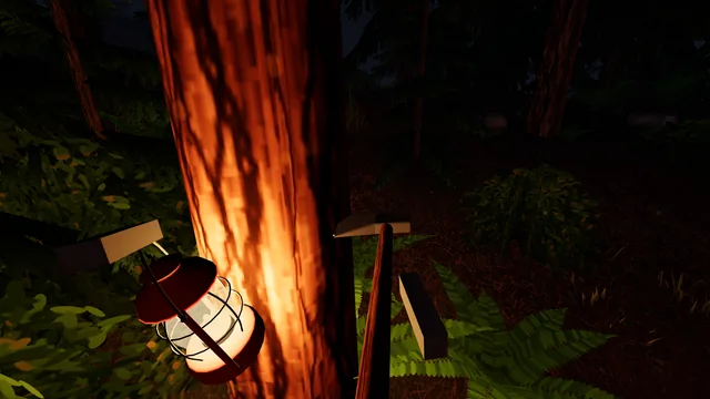 Swinging the axe into a big tree trunk by lantern light.