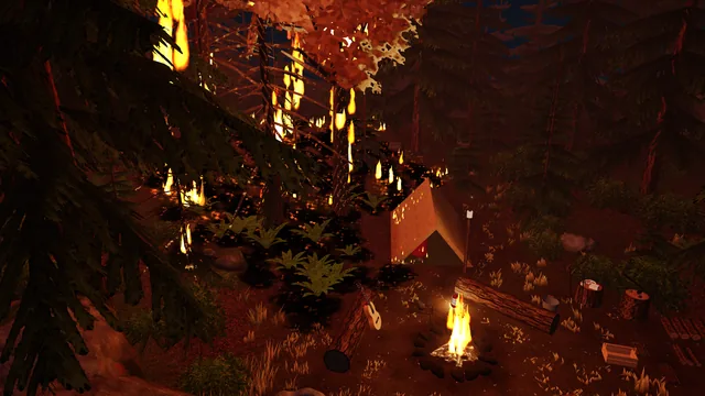 The forest on fire beyond the tent.